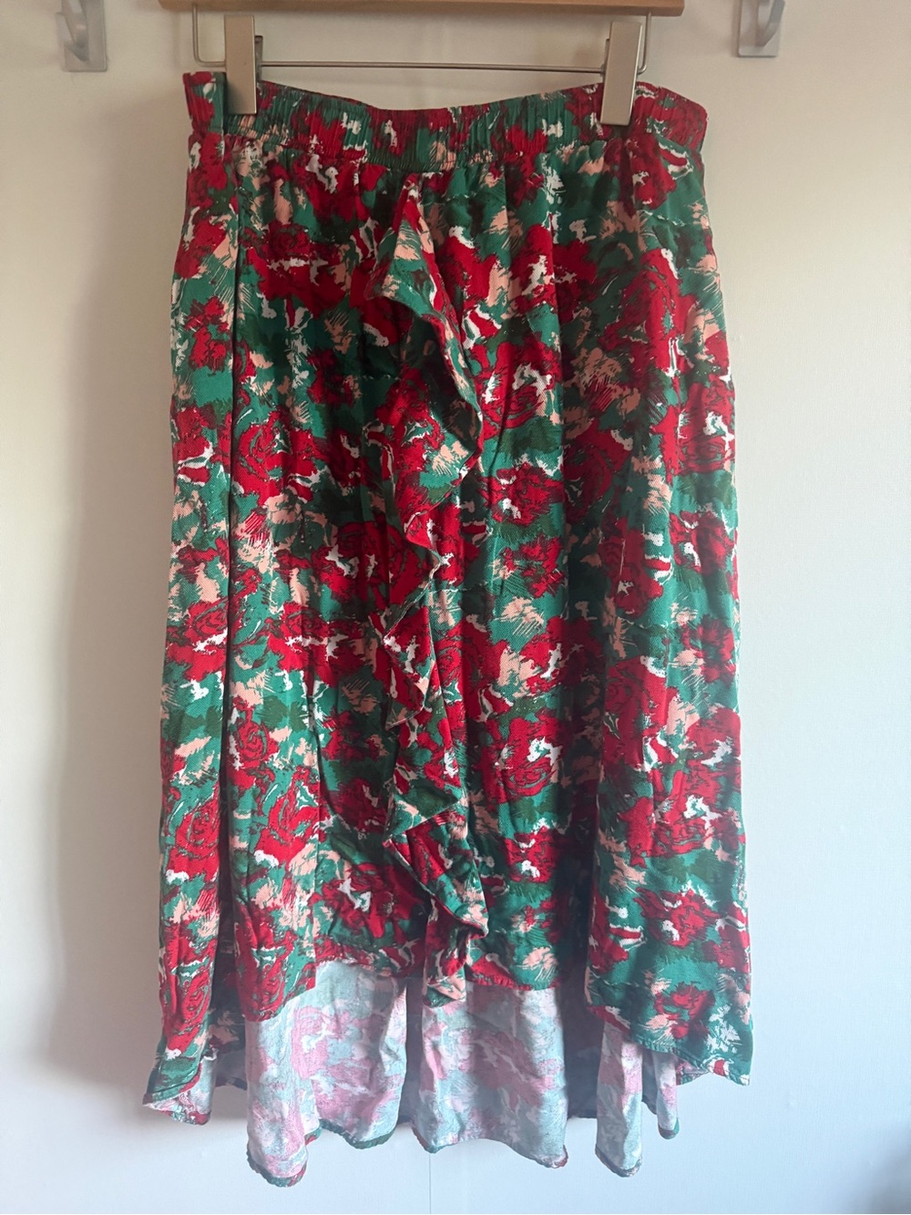 Anthropologie Porridge Floral Ruffle High Low Midi Skirt Green Red Size L